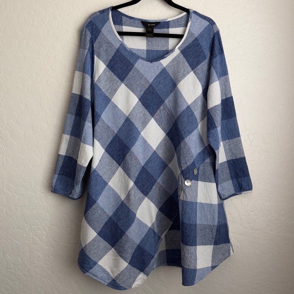 Ali Miles Women's Asymmetric Checkered Tunic‎ Blouse Blue White XL